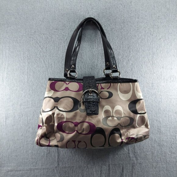 Coach Signature Soho Hobo Tote Bag F13739 Tan & Purple Womens Handbag 11" x 9" x - Picture 1 of 9